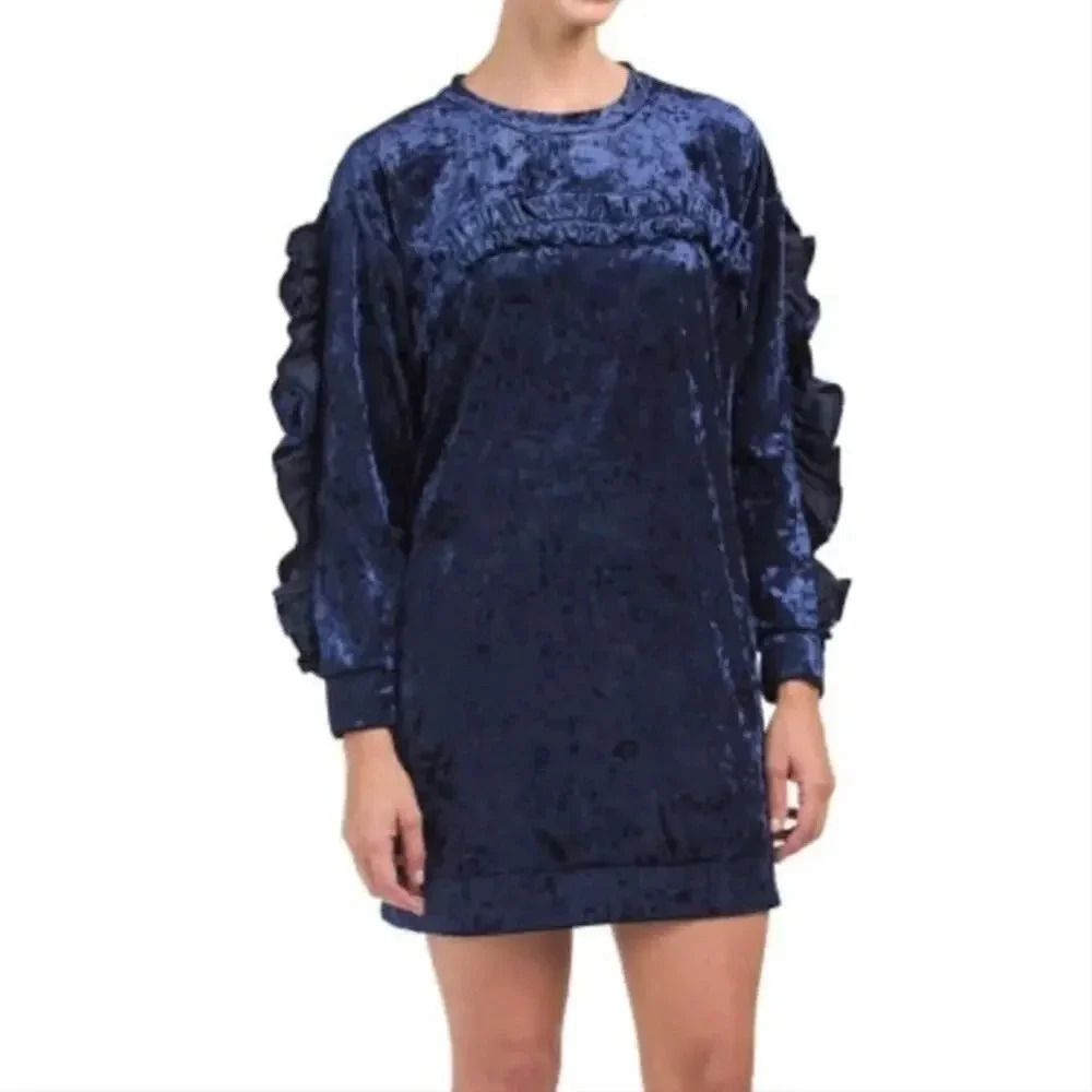 NWT Kaktus Crushed Velvet Navy Ruffle Dress S